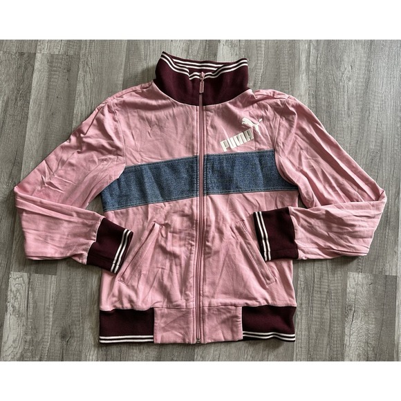 Puma Other - Puma Girls Pink & White‎ Blue Denim Strip  Jacket Size Medium Pockets Full Zip